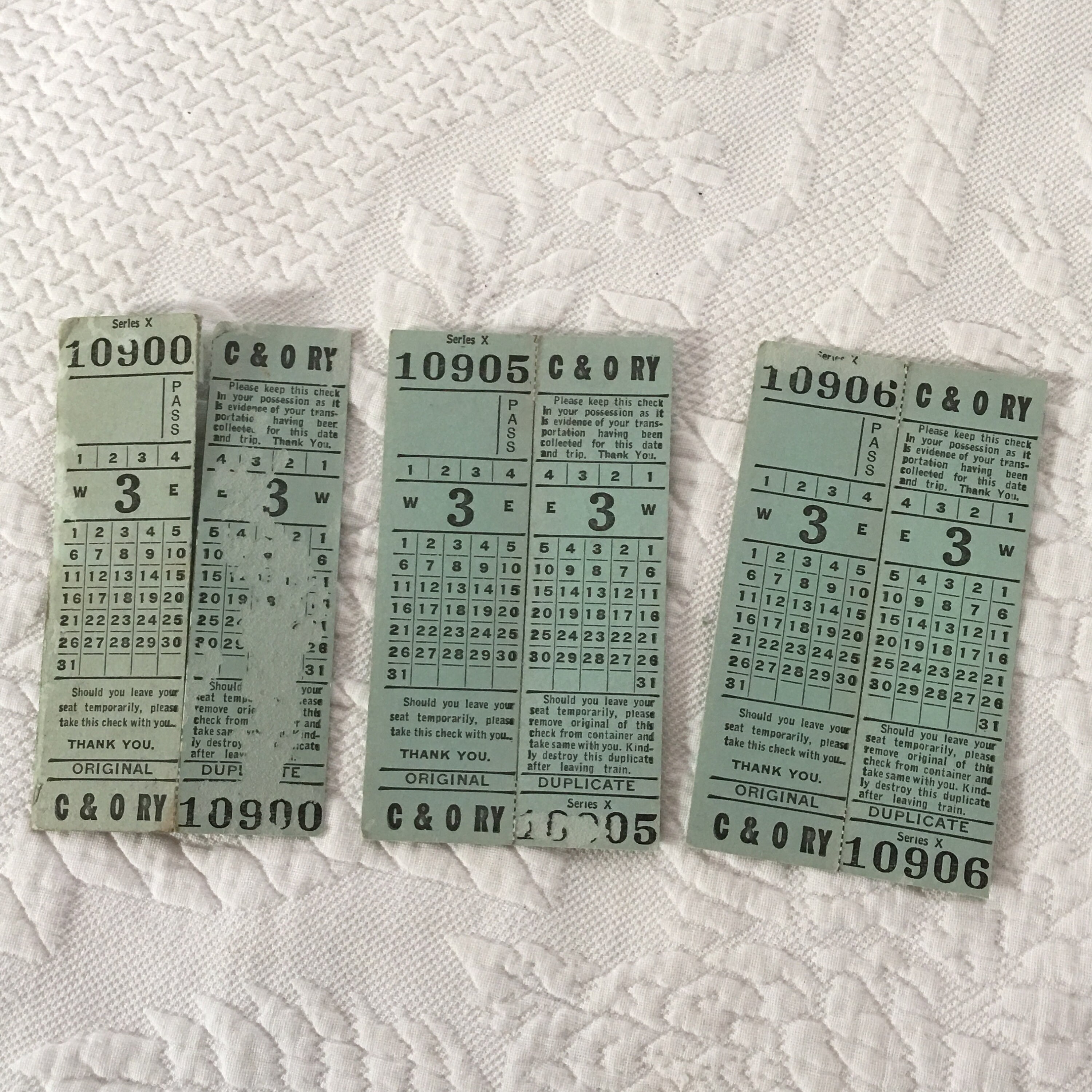 Vintage 6 C & O Railway Original Tickets. Series X Ticket 