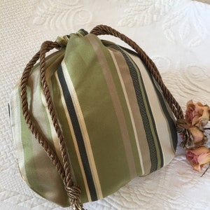 Handmade Silk Purse. Green, Brown and Tan Striped Silk Purse.  Twisted Drawstring Cord on this Round Purse. Regency, Prom or Evening Bag.