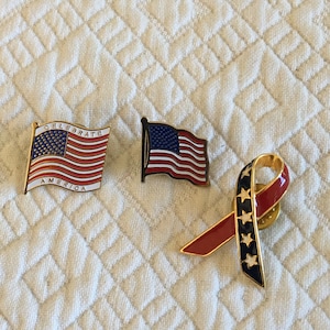 Choose Your Flag Pin. Listing for One, Celebrate America Flag Pin, Waving Flag Pin or Flag Red Gold and Blue Ribbon Pin.