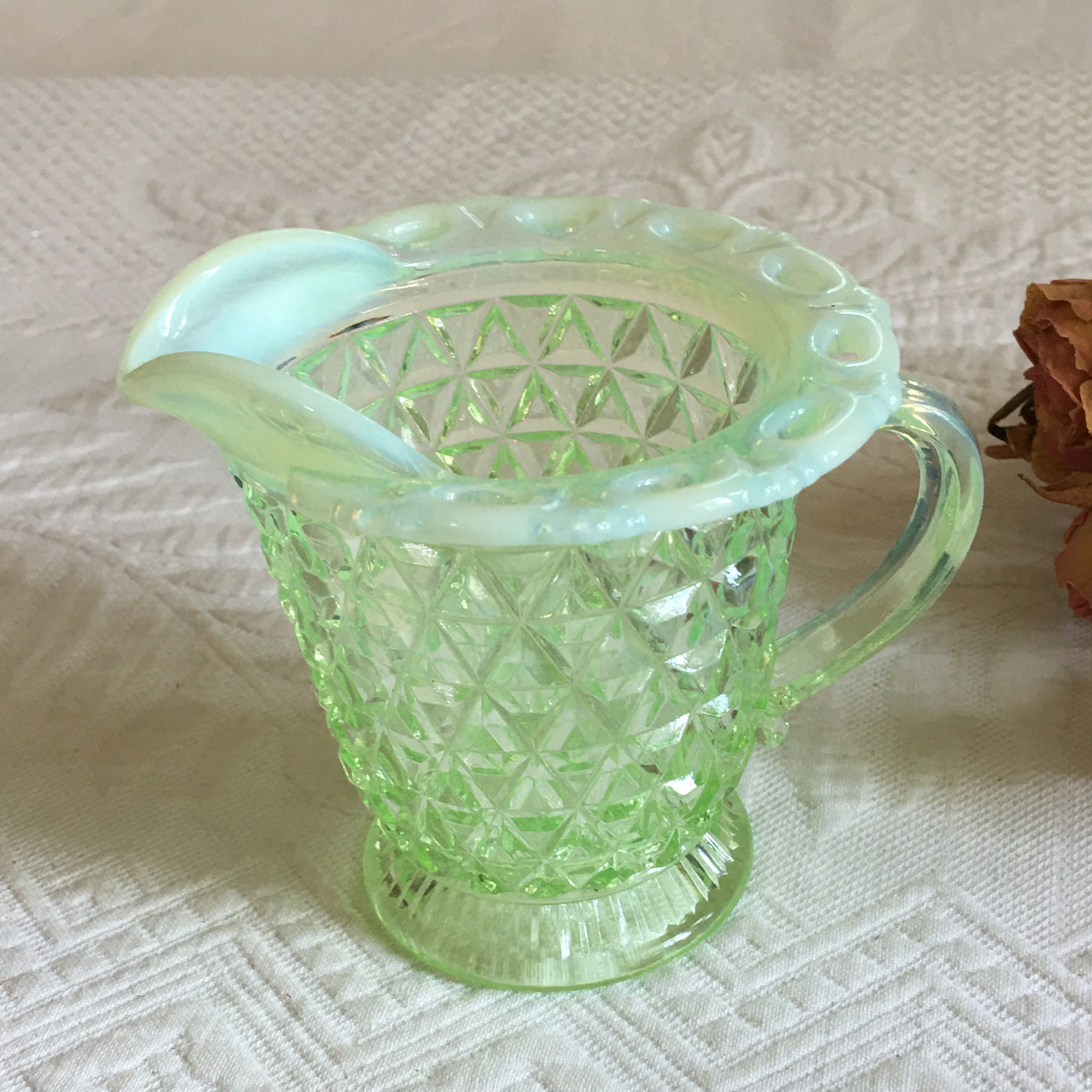 Green Vs Ruffly Vintage Lime Green Diamond Pattern Cream Pitcher With Ruffly Openwork ...