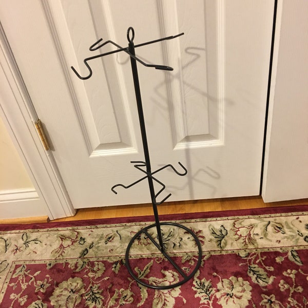Vintage Jewelry Stand. Black Metal Revolving Two Height Ornament Stand. Round Metal Base with Small and Large 4 Hook Rings.