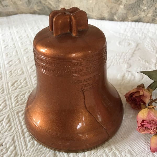 Vintage Liberty Bell Bank by Plastique Unique, Cal. Given Out by Liberty Savings Bank in Warrenton, VA. Copper Colored Liberty Bell Bank.