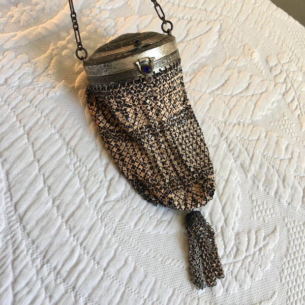 Antique Victorian Mesh Purse with Compact Top and Tassel. Mirror Inside Lid with Sapphire Latches and Chain Handle. Lovely Purse.