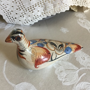 Vintage Ceramic Painted Bird in Folk Art Style. Hand Painted and Made in Mexico. Floral Salmon, Gold, Blue and Black Painted Bird.