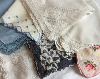 Vintage 7 Blue and White Hankies. Embroidered, Pulled Thread, Lace and Tatted Edging, Outlined Enhanced Florals and Overall Patterns.