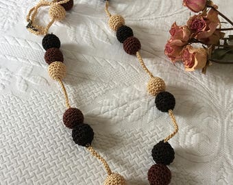 Vintage Large Crocheted Bead Necklace. Crocheted Over Plastic or Glass Balls. Tan Brown and Black Bead Crocheted Chain Necklace.