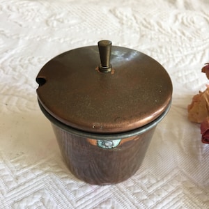 Vintage Copper, Brass and Silver Metal Pot With Lid. Opening for Spoon on Lid With Top Knob. Brass Handle Broken. Condiment Server.