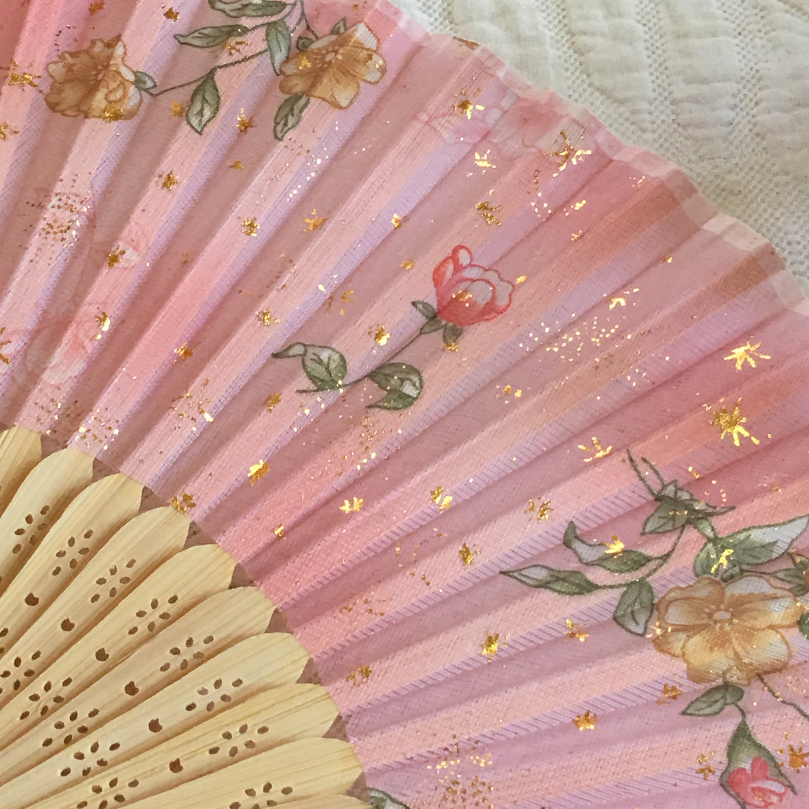 Silk and Wood Hand Fan. Openwork Design on Wood With Floral Designs and ...