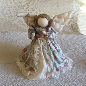 Vintage Tree Top Angel. Cotton Floral and Lace Overdress and Muslin Lower Dress & Quilted Wings. Puff Sleeves, String Hair Flowers Ribbon.