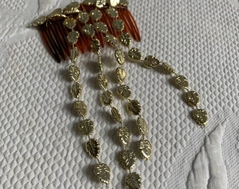 Vintage Decorative Hair Comb with Draping Little Gold Leaves Stitched On. Dress Up a Hair Doo.