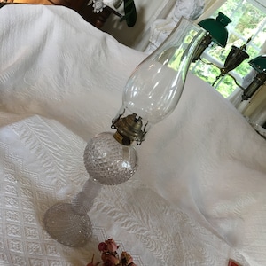 Vintage Clear Crystal Square Diamond Overall Designs on Pedestal and Oil Chamber. Clear Glass Hurricane Shade.