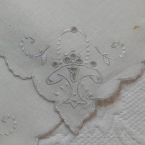 Vintage Set of 4 Flower Basket Embroidered Linen Luncheon Napkins with Scalloped Edges, Satin Dots, Eyelets and Openwork.