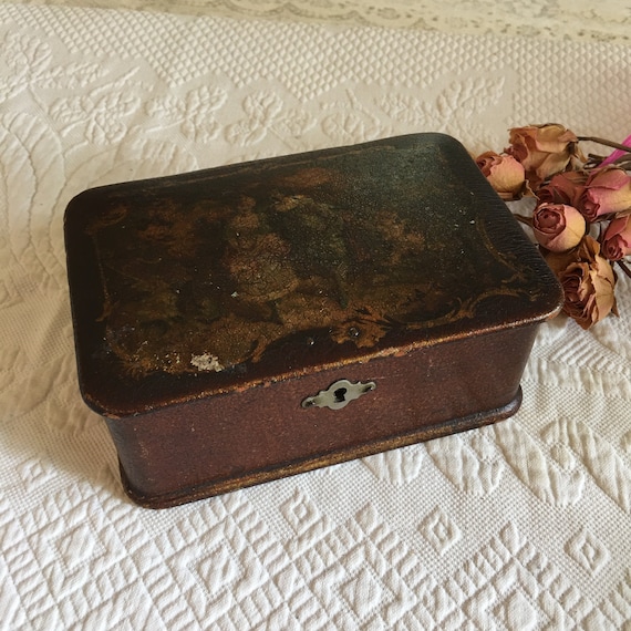 Antique Metal Locking Dresser Box. No Key. Red Painte… Gem