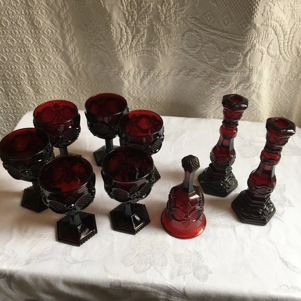 Vintage 6 1876 Cape Cod 6 Ruby Red Wine Glasses, Candlesticks or Ringer Less Bell in Beautiful Ruby Red Color Glass. Avon.