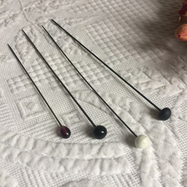 Vintage Hat Pin. Choose Purple Oval Glass 4 1/8", Round Black Glass, Round White Glass or Dull Black Round with Flat Bottom, 5" to 5 1/2".