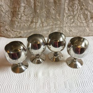 Vintage 1984 Silver Plate Wine Goblets. Valero Small Stemware Made in Spain. 4 Metal Wine Stems.