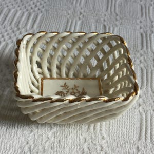 Vintage Woven Porcelain Basket from Spain. Gold Upper Edge and Floral in Frame on Bottom Inside. Hand Made White Porcelain Trinket Basket.