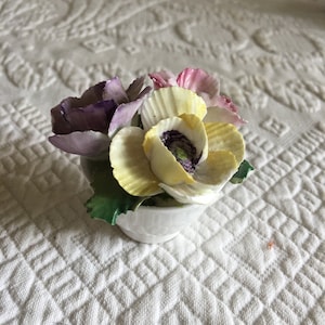 Vintage Crown Fine Bone China Flowers in Bowl. Miniature Bowl of China Purple Pink and Yellow Flowers.