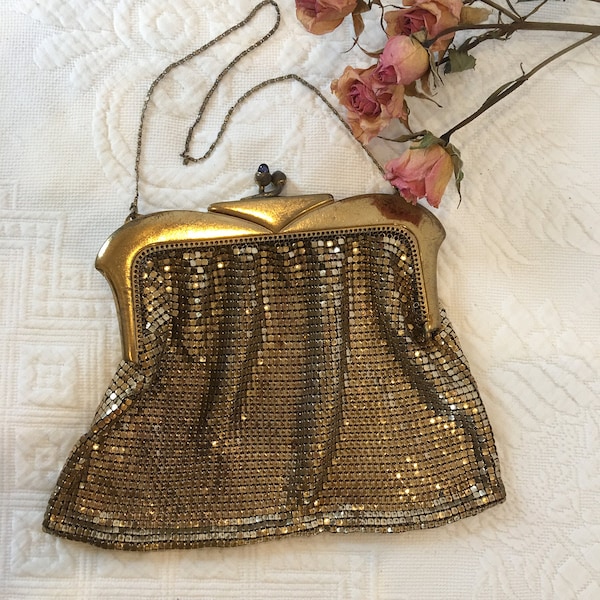 Vintage Gold Mesh Whiting and Davis Evening Bag. Art Deco Style Gold Purse Frame. Black Stones in Snap Closure. Beautiful Chain.