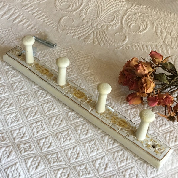 Vintage Broken China Mosaics Wall Hooks. 4 Hooks on Pique Assiette Mosaics Wall Hangers. Screw Into Wall and Cover Screw Heads With China.