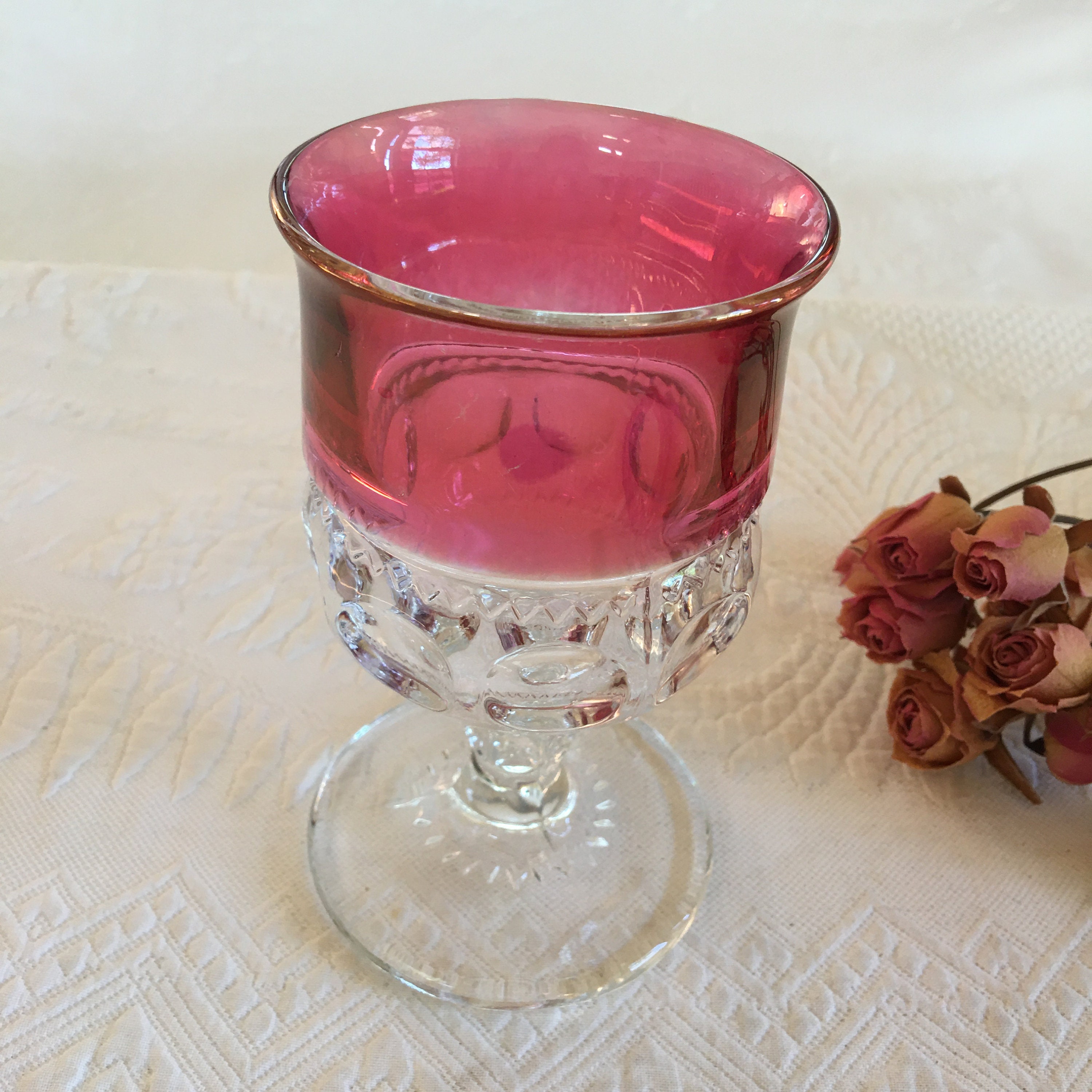 Vintage Cranberry Pink Etched Wine Glasses Set of 2 White Wine