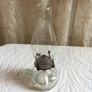 Vintage Clear Glass Oil Lamp with Fluted Bottom of Oil Holder. Handle in Glass, on Side.