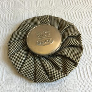 Vintage Davol Black and White Checked Gathered Hot Water Bottle. Small Fabric Hot Water Bottle Great for a Vintage Display.