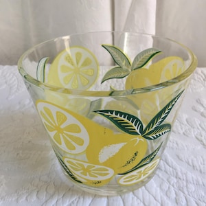 Glass Bowl with Painted Lemons. Yellow Lemons and Green Leaves. Use Bowl for Serving, a Plant or for Display.