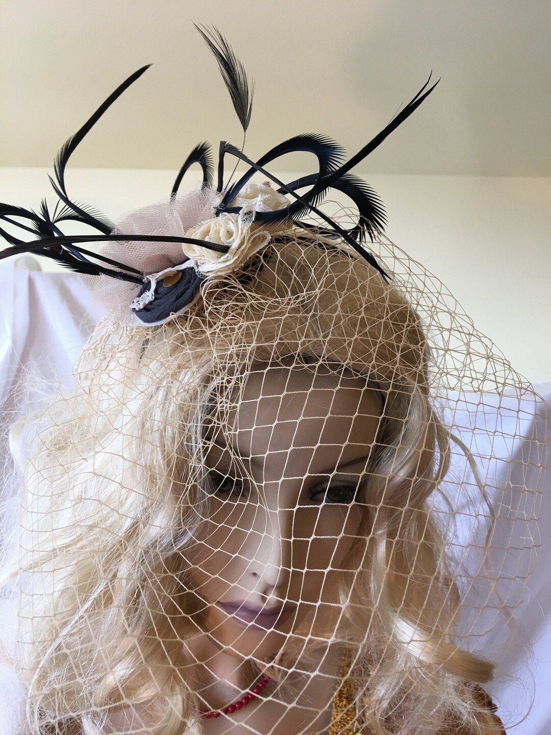 White hairpiece hat with black snowflake veil Fascinator Hat Veil - Etsy main image 3