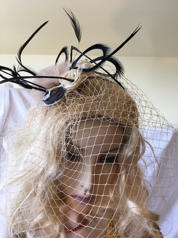Fascinator Hat, off White Net and Lace Flowers and Leaves  display picture 1