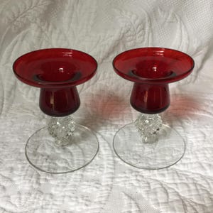 Vintage Glass Candle Holders in Red and Clear Glass w/ Square Textured Pedestal Base. Great for Centerpiece Candles and Good for Christmas.