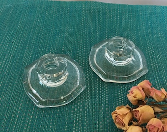 Vintage paar Heisey #99 Kleine Kraker Kaarsenhouders. Clear Crystal Heisey Glass. Zeer collectible.