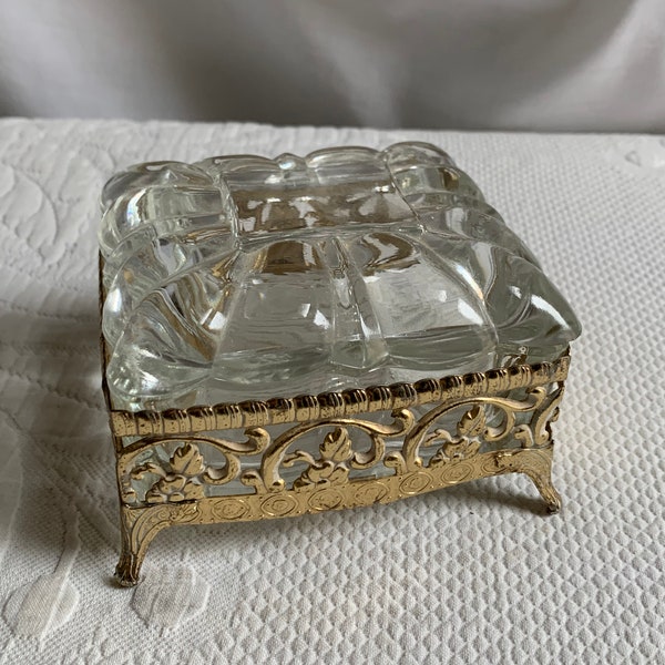 Vintage Glass and Brass Dresser Box. Rectangular Box with Pillow Type Top. Openwork 4 Legged Brass Base with Glass Dresser Box.