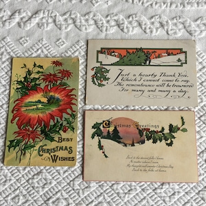 3 Viktorianische Antike Weihnachtspostkarten. Drei 1920-1921 Postkarten mit 1 Cent George Washington Stempeln, Storniert. Tolle Weihnachtsdeko.
