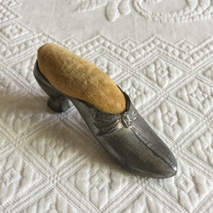 Antique Pewter Pin Cushion. Victorian Pewter Shoe with Yellow Velveteen Pin Cushion Inside. Charming Antique Pin Cushion.