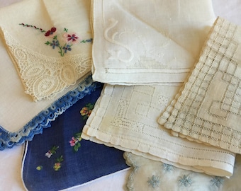 Vintage 6 Purple and White Hankies in Linen and Cotton. Sheer w/ Southern Belle Images, Embroidery, Eyelets, Crocheted Edge and all Over.