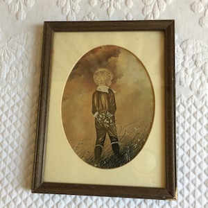 Vintage Print of a Little Boy in a Field of Flowers. Picture Framed in a Wood Frame with an Oval Mat. Great to Hang in a Child&#39;s Room.
