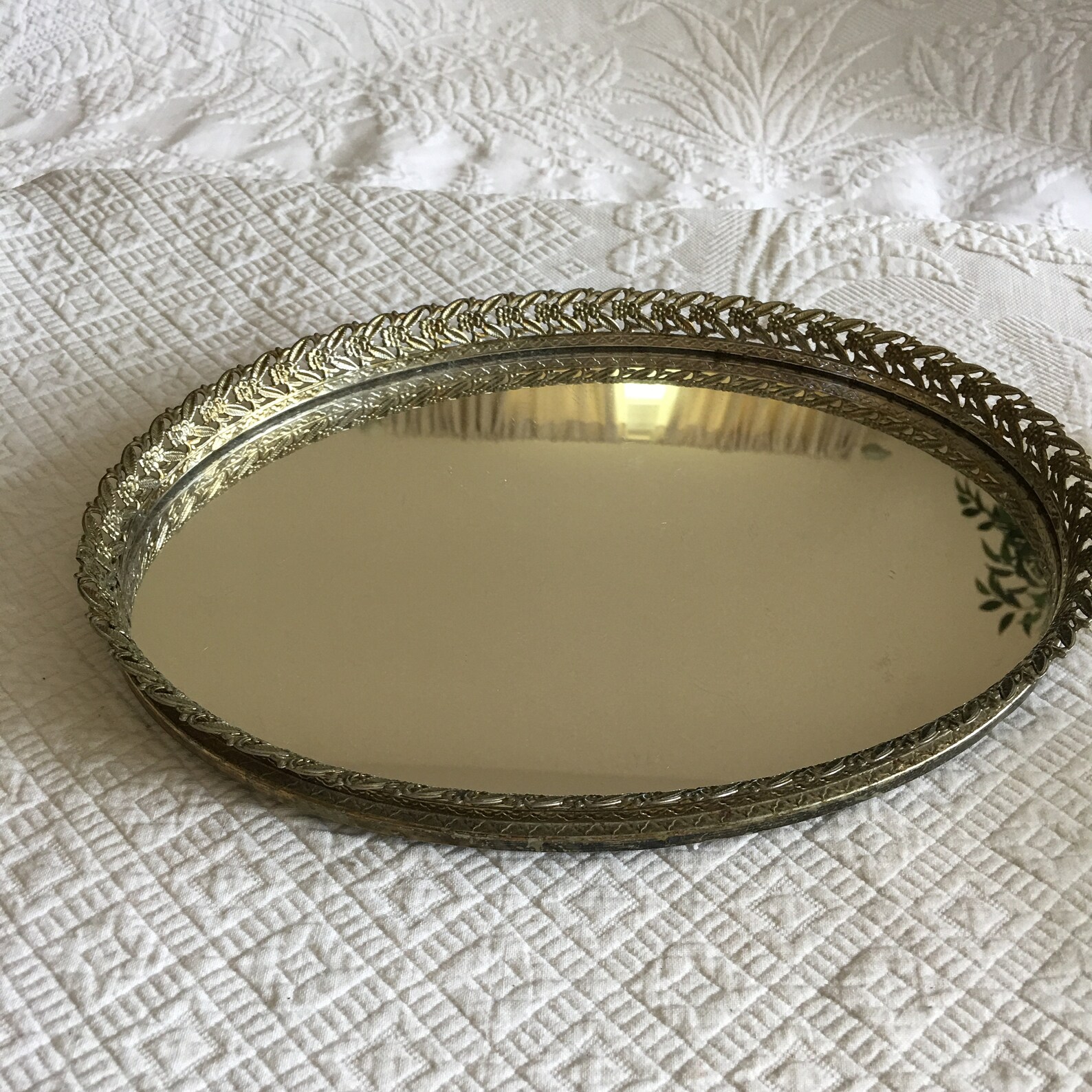 Vintage Gold Oval Mirror Tray With Openwork Flowers and Leaves Etsy
