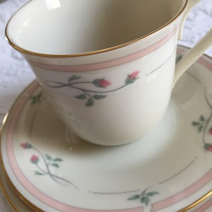 Vintage Lenox Rose Manor Cup, Saucer and Butter Dish. Three Piece Set of Lenox China Tea Set. Rosebud on Long Stems Design, Pink Border.