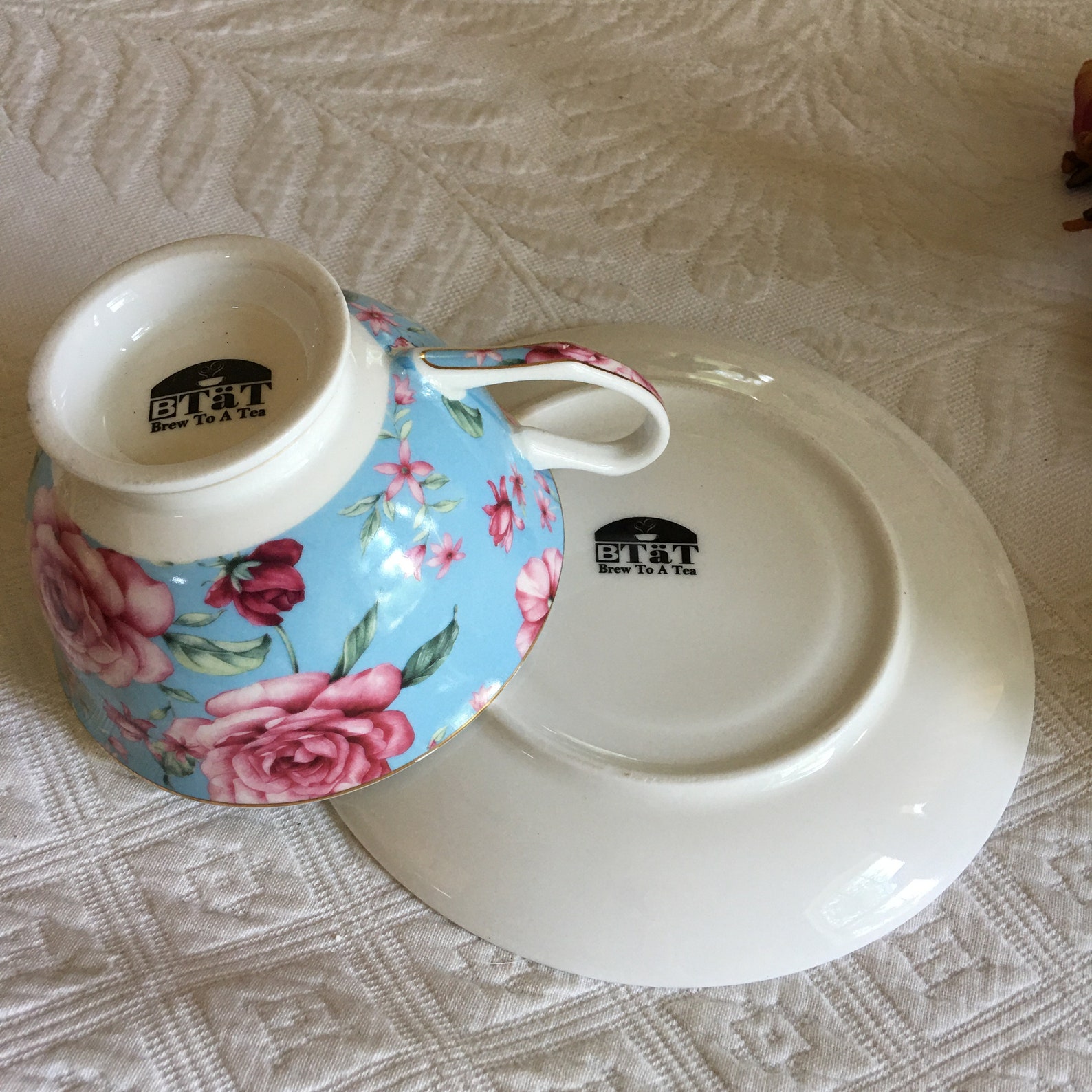 Vintage BTaT Cup and Saucer Set. Brew to a Tea Floral Blue Etsy