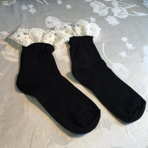 Boot Socks with White Crocheted Lace Toppers. Black Socks and White Lace Trim. Feminine and Fun.