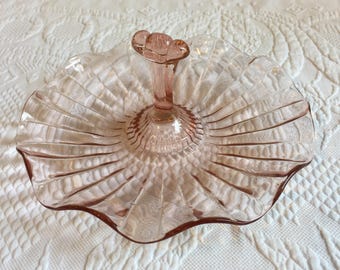Antique Pink Ruffled Glass Candy or Nuts Server with Center Handle. Fluted Ruffled Plate.