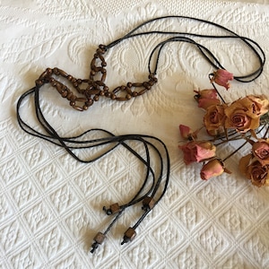 Vintage Brown Wooden Beads in Two Shapes on Double Brown Vinyl Cords. Tie Double Cords With Knotted Square Wood Beads.