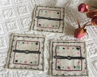 Vintage 6 Small Linen Stemware Coaster. Three with Black and Pink Embroidery w/ Border and Three with Rooster and Bar Sprayer or Flower.