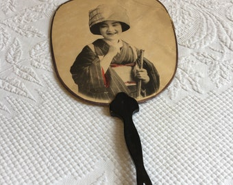 Vintage Wood and Paper Fan with Oriental Girl in Kimona. Black Enamel Painted Handle with Paper Photo Fan. Wire Edge for Edge Strength.