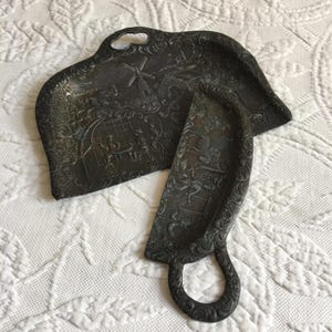 Antique Silver Plated Table Crumb Scraper and Catcher. Heavily Embossed Windmill, Dancing, Tavern and Farmyard Scenes. Japan.