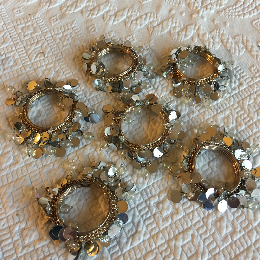 Vintage 6 Silver Bead and Sequin Napkin Rings. Great Holiday or Party