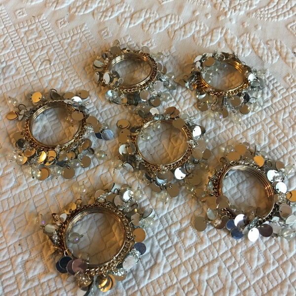 Vintage 6 Silver Bead and Sequin Napkin Rings. Great Holiday or Party Napkin Rings. Fancy and Fun Napkin Holders.