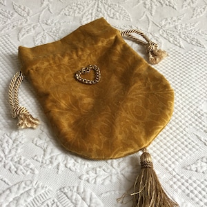 Handmade Reticule Purse. Gold Brocade Velvet Drawstring Purse Silk Lining. Gold Cord and Tassel. Choose Ornament. Costuming or Modern Wear.
