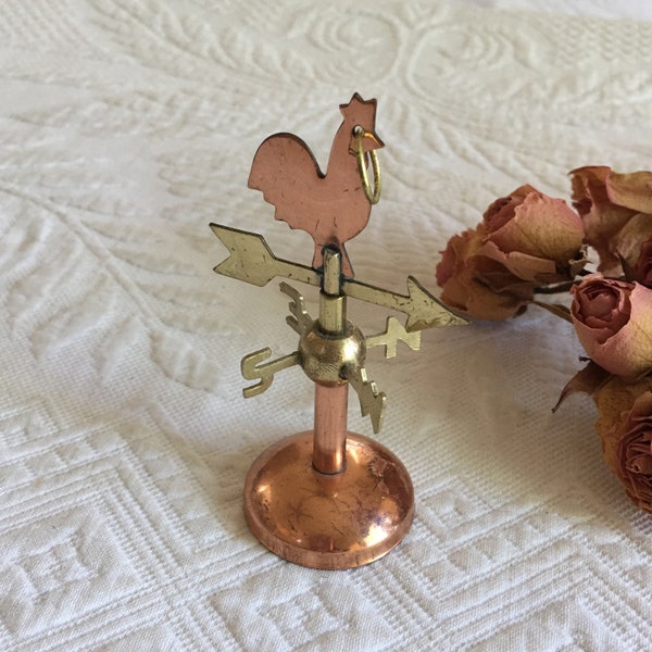 Vintage Mini Weathervane. Copper Rooster and Base. Brass Arrow & Directions. Base to Stand on Tabletop. Hang Ring as Ornament. Doll House.